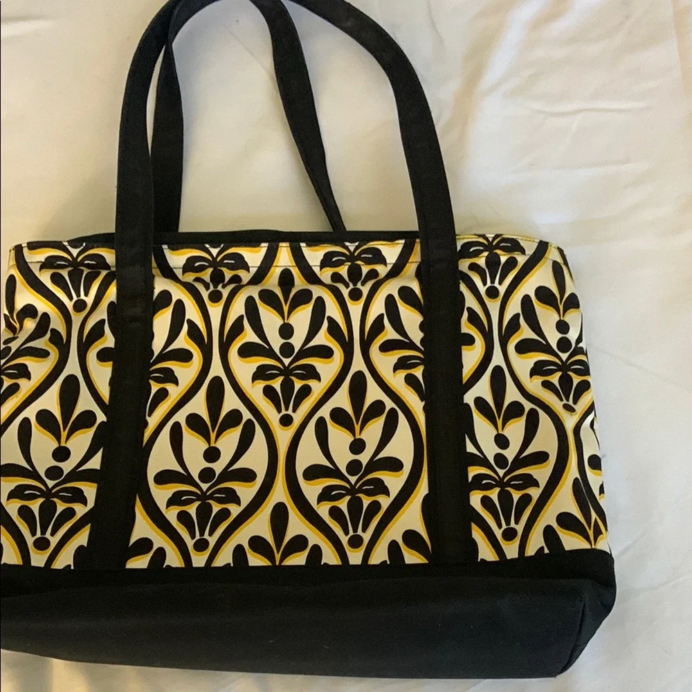 Talbots Black Cream Damask Print Tote Bag Structured Zip Top Purse